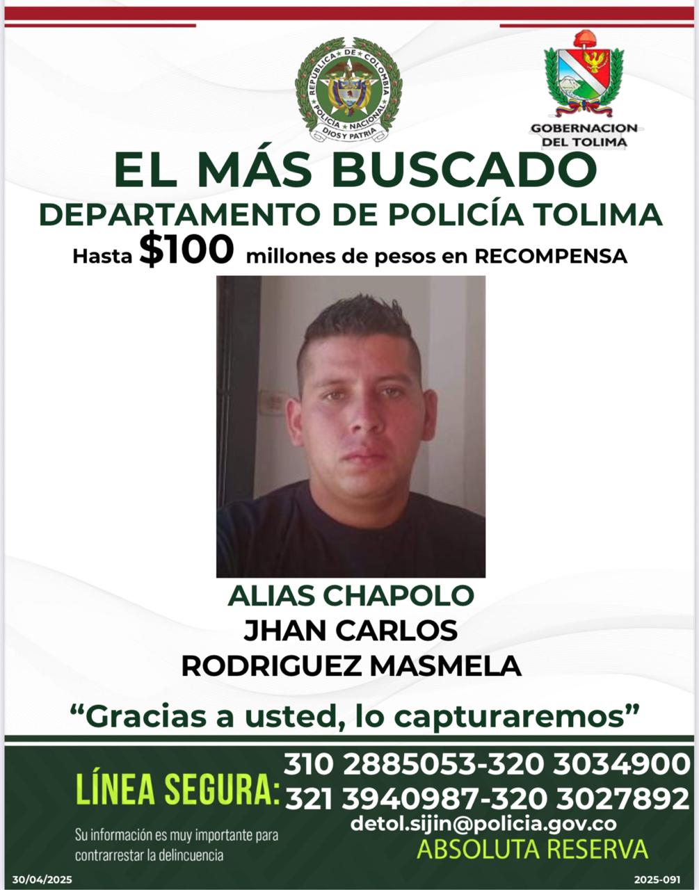 Intensifican operativos para capturar al delincuente más buscado en el Tolima
